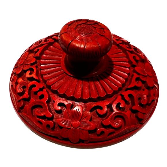 Antique Chinese Cinnabar Ornate Red Trinket Box Blue Enameled Brass Exquisite - Picture 3 of 9